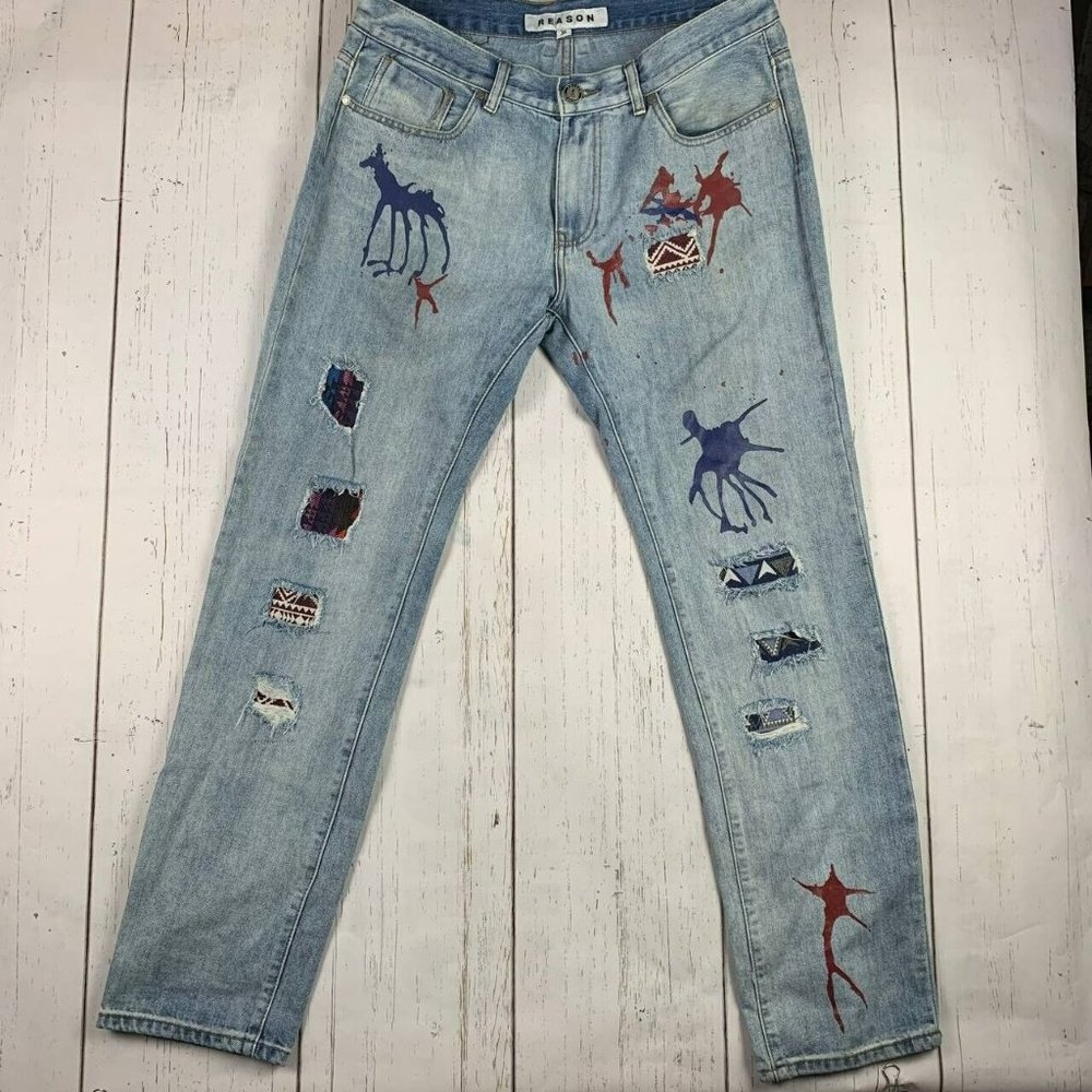 Reason 36 Straight Fit Printed Low Rise Blue Jeans‎ Pants Denim Mens